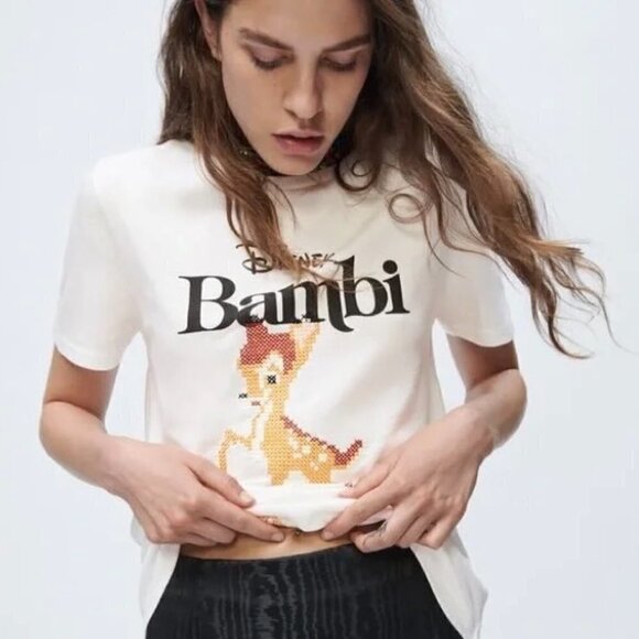 Zara Disney Bambi T-Shirt Tee Embroidered White Cross Stitch Medium - Picture 3 of 7